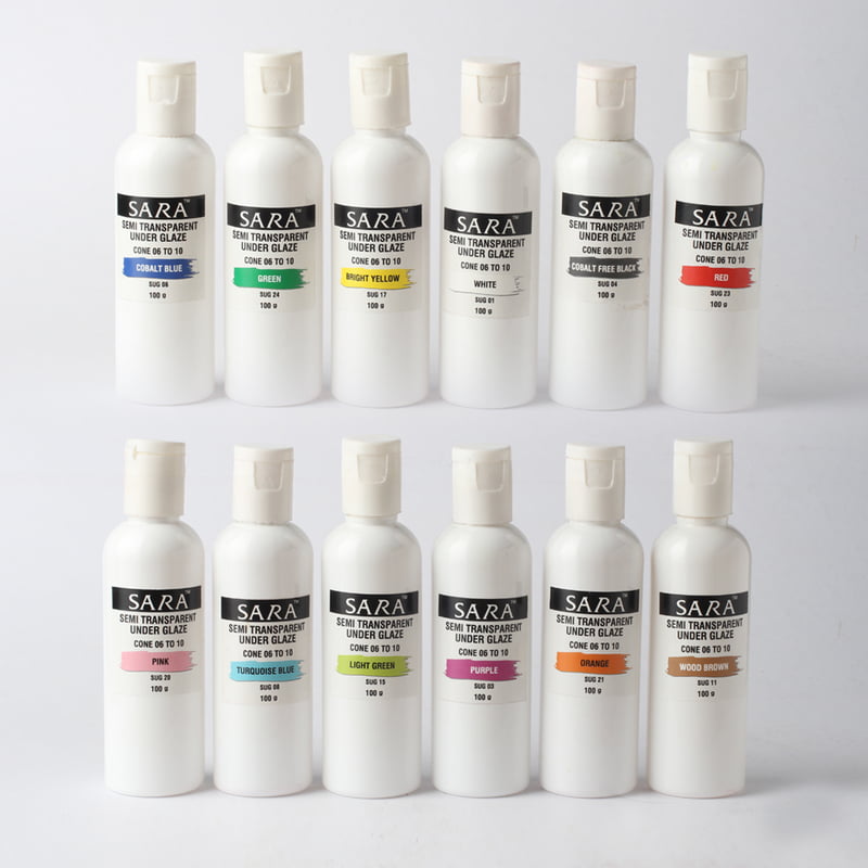 Combo Big 1: Sara Semi Transparent Underglazes - Pack of 12 Colours (100gm) Combo Big 1: Sara Semi Transparent Underglazes - Pack of 12 Colours (100gm)