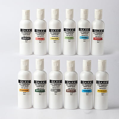 Combo Big 2: Sara Semi Transparent Underglazes - Pack of 12 Colours (100gm)